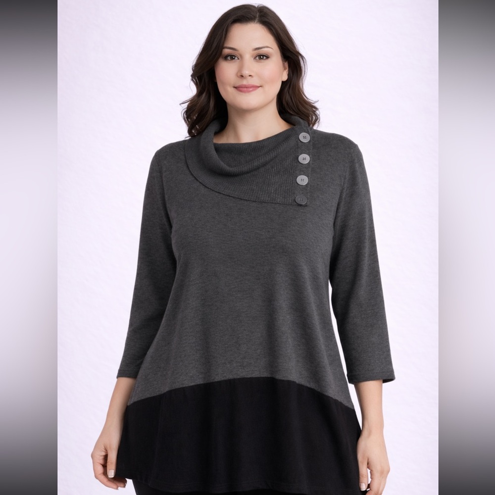 Investments Gray Black Colorblock Cowl Neck Sweater Top Button Detail - Size 2X
